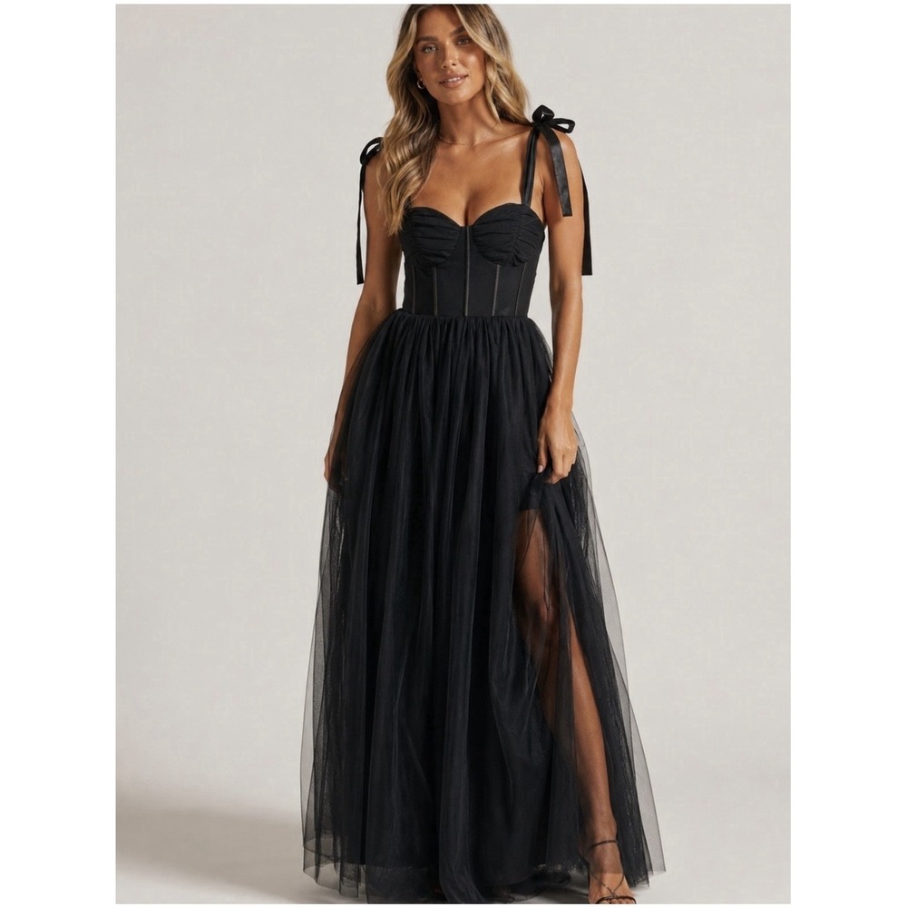 Showpo Emmary Black Corset Tulle Maxi Dress Bow Straps Gothic Formal US 4